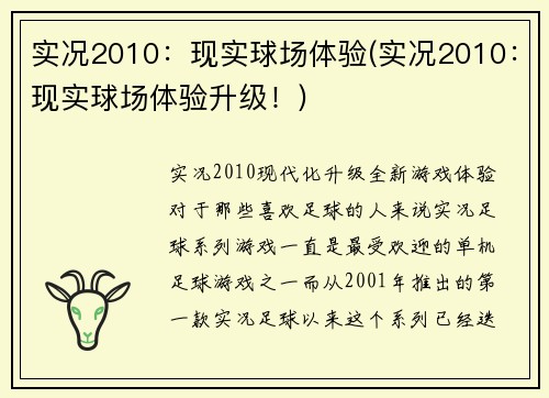 实况2010：现实球场体验(实况2010：现实球场体验升级！)